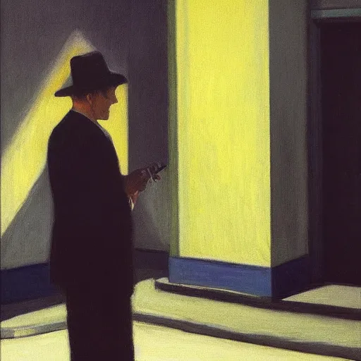 Image similar to man smoking cigarette in shadowy alley near street lamp, by edward hopper, full resolution