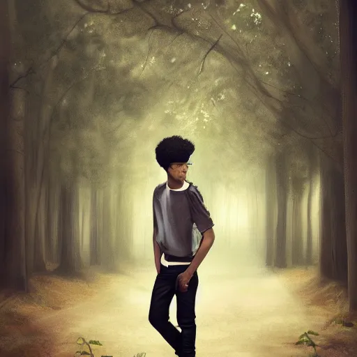 Prompt: beautiful 16 year old black boy dressed in spring wear, portrait, kpop idol, model, short curly hair like Michael Jackson, beautiful face like Zendaya, rule of thirds, trending on pixiv, trending on deviantart, 8k character concept, symmetrical facial features, by Charlie Bowater, dramatic lighting, forest background, raining, proportionate, trending on artstation