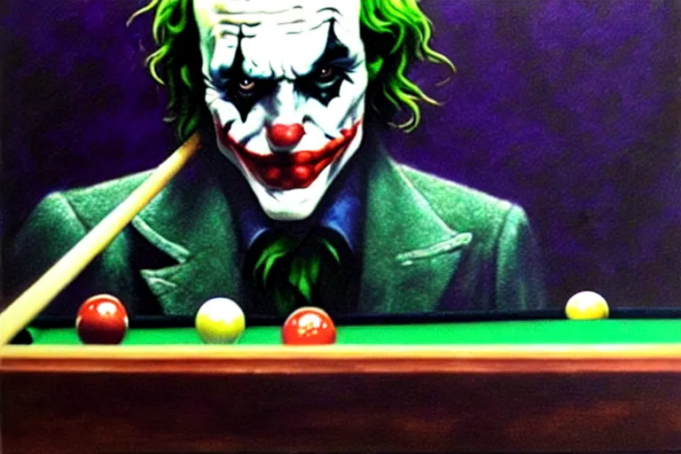 Image similar to a portrait of the joker playing pool by alan lee