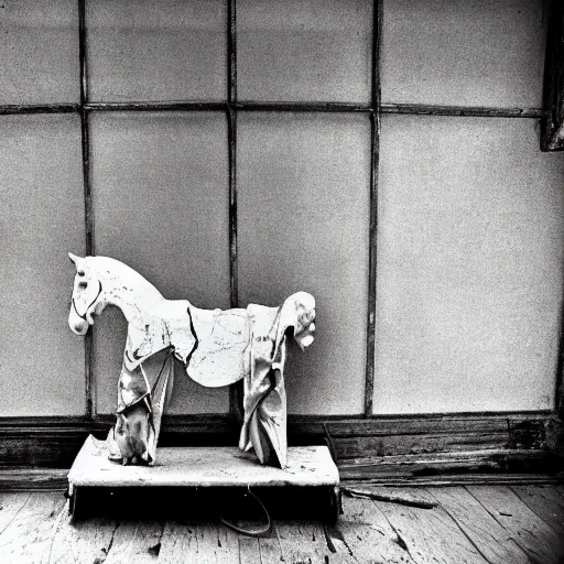 Prompt: an old rocking horse, abandoned in an abandoned, radiated bedroom. the windows are smashed, the wallpaper is peeling, the floorboards are completely rotten. black and white photo. surrealism.