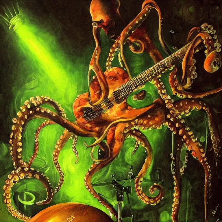 Prompt: a beautiful painting by aleksi briclot of an octopus playing drums and telecaster guitar in a concert stage, dark background, green concert light, dark mood