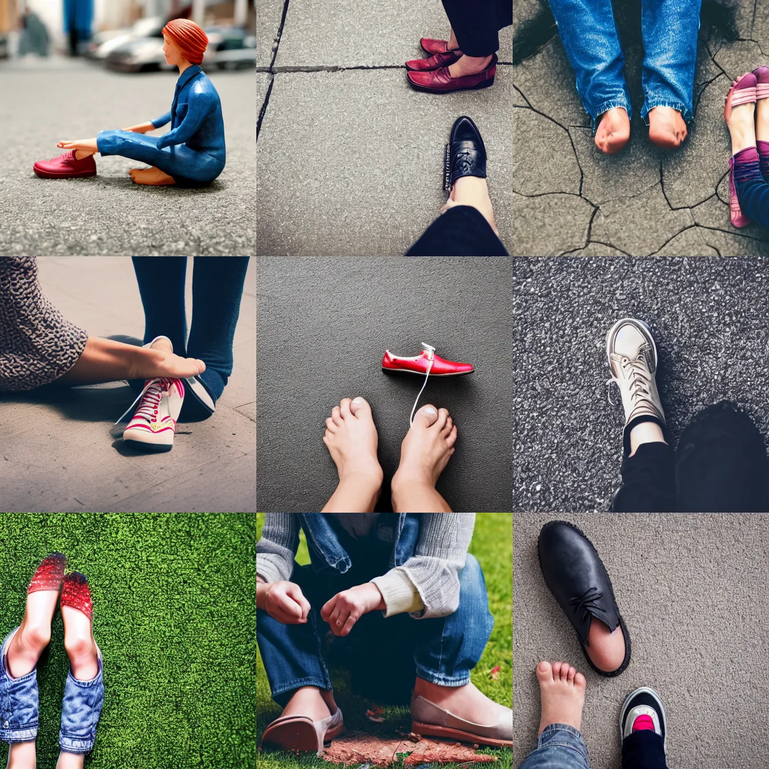 Prompt: a miniature man sitting on the ground next to a woman's foot, a stock photo by victorine foot, trending on shutterstock, feminist art, stockphoto, creative commons attribution, stock photo