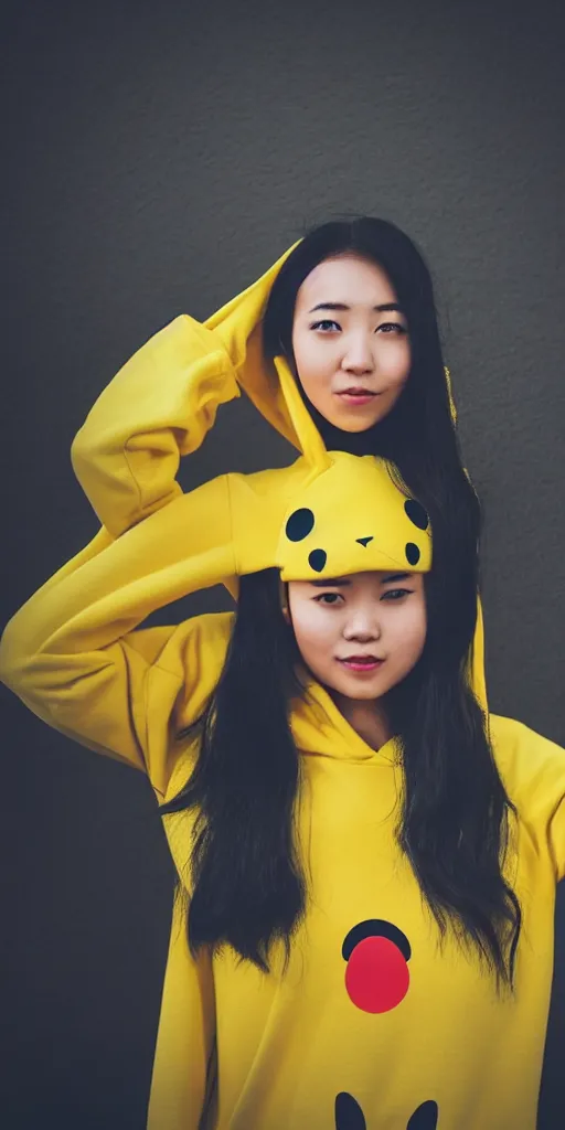 Prompt: A asian girl wearing a Pikachu hoodie, cosplay, studio ilumination, professional, trend in Instagram, 4k