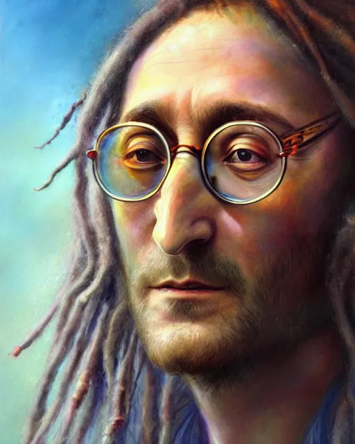 Prompt: : john lennon with dread locs and glasses, highly detailed, psychedelic, digital painting, artstation, smooth, hard focus, illustration, art by jessica rossier and and brian froud