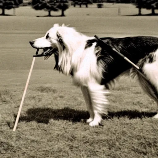 Prompt: declassified photo of collie dog carrying stick that's too large, film grain, specular highlights, 3 5 mm lens, government archive photograph