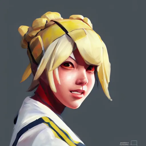 Image similar to greg manchess portrait painting of himiko toga as overwatch character, medium shot, asymmetrical, profile picture, organic painting, sunny day, matte painting, bold shapes, hard edges, street art, trending on artstation, by huang guangjian and gil elvgren and sachin teng