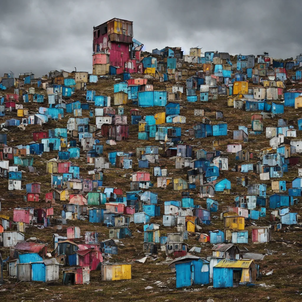 Prompt: a tower made up of colourful makeshift squatter shacks, bleached colours, moody cloudy sky, dystopia, mamiya, very detailed, photographed by cristina de middel