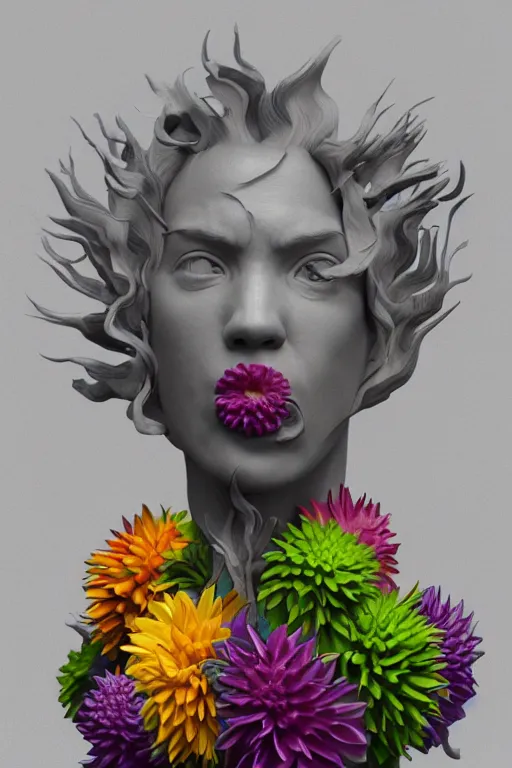 Prompt: Hyper realistic concrete sculpture made with rainbow Dahlia flowers, Cinematic lighting, ultra good realistic 3D render by Gerald Brom, I can't believe how abstract this is, 8k