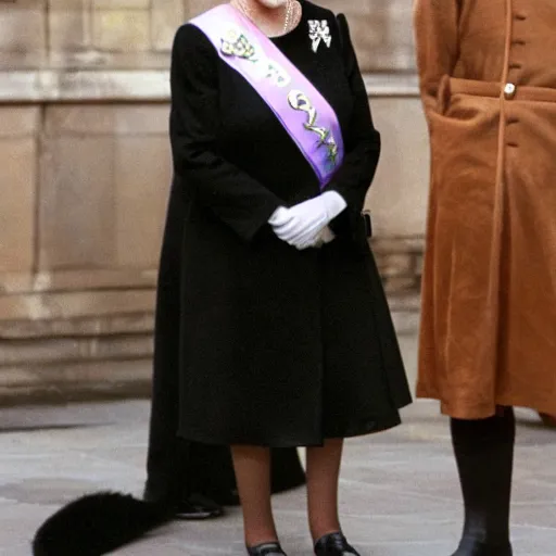 Image similar to Queen Elizabeth wearing cat ears and a furry tail