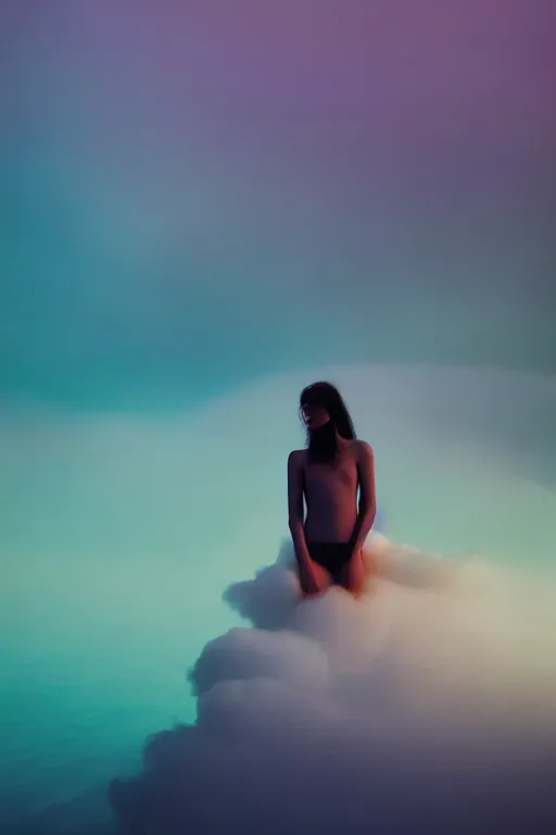 Image similar to high quality pastel coloured film close up wide angle photograph of a model wearing clothing swimming on cloud furniture in a icelandic black rock!! environment in a partially haze filled dreamstate world. three point light, rainbow. photographic production. art directed. pastel colours. volumetric clouds. pastel gradient overlay. waves glitch artefacts. extreme facial clarity. 8 k. filmic.