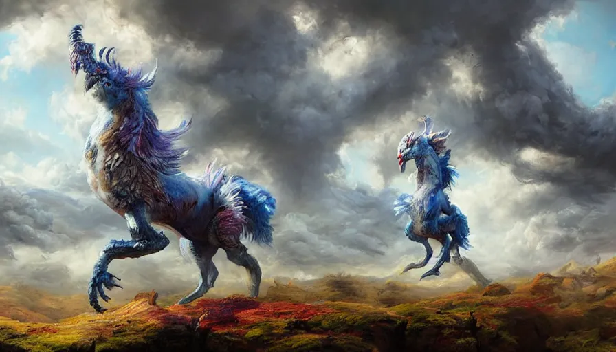 Prompt: excellent painted mythical creature in a surreal landscape in another dimension with fluffy clouds, painted by Hans Fredrik Gude, Greg Rutkowksi, Craig Mullins and Artgerm, concept art 2022, 4k, ultra realistic highly detailed oil painting