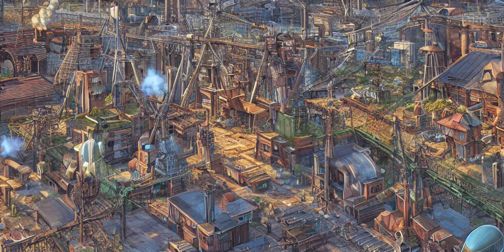 Prompt: A highly-detailed 3d digital artwork cityscape of an industrial steampunk city with windmills, tall wooden buildings, steam-powered factories, floating wooden boats, steel cars, steel steam trains, giant blimps