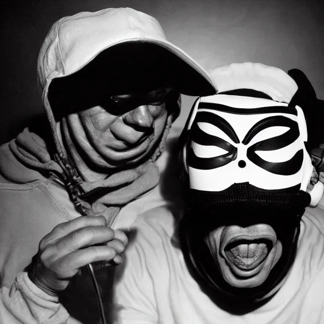 Image similar to a close-up black-and-white studio portrait of Roberto Bolaños Chaves El Chavo del Ocho wearing the MF Doom mask. Madvillain album cover