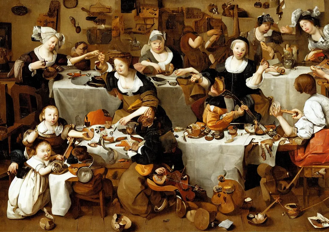 Prompt: Jan Steen. The gentle depth of the composition is based on a triangle, beautiful woman in the center. fallen asleep at the table on the left. “opportunity makes the thief ” little girl’s brother is trying out a pipe, playing carelessly with a string of pearls. lady of the house play a violin. to live at home were considered suspect in the popular culture of the Netherlands at the time. in a provocative gesture she holds a filled glass between the legs of the man of the house, while he dismisses with a grin the admonishment of the nun standing on the right. The duck on the shoulder identifies him as a Quaker, who urges the reading of pious texts. Finally, the pig in the doorway to the kitchen on the right. a sword and a crutch in a basket suspended from the ceiling. Luxuria extravagance. Steen had to earn a living by running an inn and a brewery. low ceiling, small chamber. Hyperrealistic, ultra detailed, 80mm, museum, artwork.