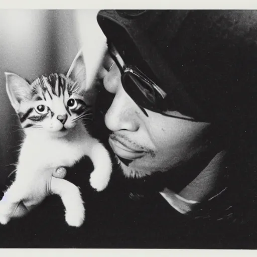 Image similar to 15mm wide-angle lens photo of a rapper in 1990 New York holding a kitten up to the camera