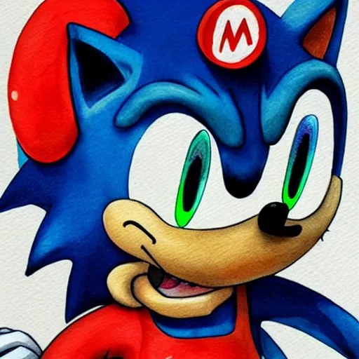 Image similar to Sonic in the style of Mario, with a mustache, beautiful watercolor art drawing, in the style of artist Simon Stalenhag s-90 - C 7