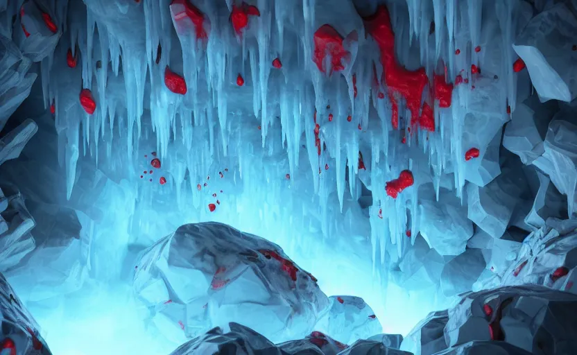 Prompt: liquid nitrogen and with red water-cooling coolant flowing through latent representations of ice caverns by centrifugal forces, gaming pc components sticking out the walls, high detail, high contrast, low-poly elements!!!!!, trending on artstation, octane render, subsurface scattering, 4k