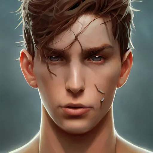 Prompt: symmetry! a detailed close up portrait of a young man with brown hair, shirtless, piercing look, angry face, unreal engine, fantasy art by greg rutkowski, loish, rhads, ferdinand knab, makoto shinkai and lois van baarle, ilya kuvshinov, rossdraws, tom bagshaw, caustic lighting, detailed and intricate environment