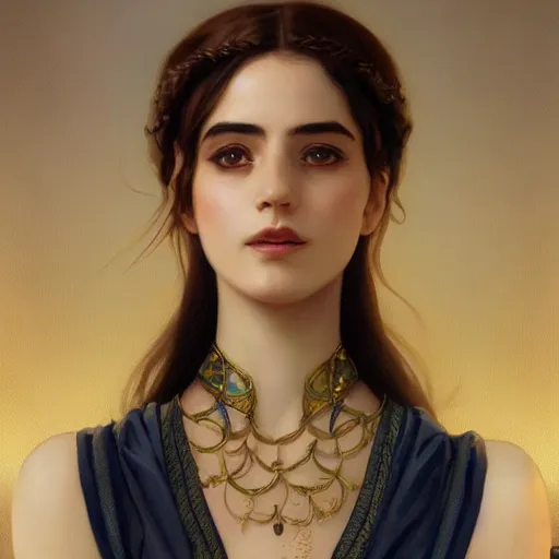 Image similar to A seductive twenty year old Mesopotamian witch in training, fully clothed in a major Mesopotamian city, portrait, highly detailed, digital painting, artstation, concept art, sharp focus, illustration, cinematic lighting, art by artgerm and greg rutkowski and alphonse mucha