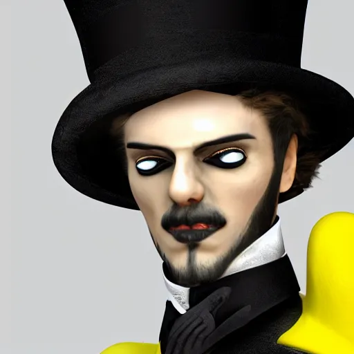 Image similar to a highly detailed portrait of a man in a high top hat covering his face, in a black tailcoat with a yellow waistcoat under the tailcoat, artstation, deviantart, professional, unreal engine 5, photorealistic