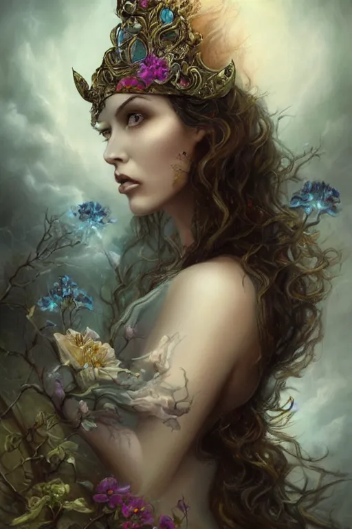 Image similar to portrait matte fine art of the beauty goddess catriona balfe, she has a crown of stunning flowers and gemstones, background full of stormy clouds, by peter mohrbacher