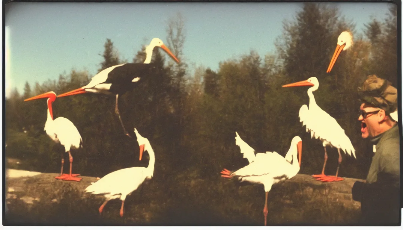 Prompt: polaroid picture of russian man yelling at stork, very detailed, 8 k