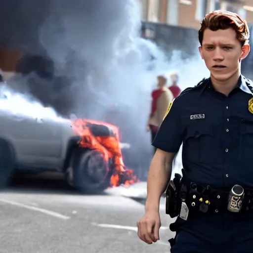 Image similar to tom holland getting arrested while exhaling a cloud of smoke, candid photography