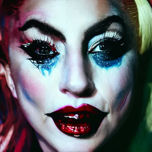 Image similar to close-up photograph of Lady Gaga portraying Harley Quinn while laughing in the movie Joker 2023, dancing pose, moody lighting, award winning photo by Annie Leibovitz, 4k