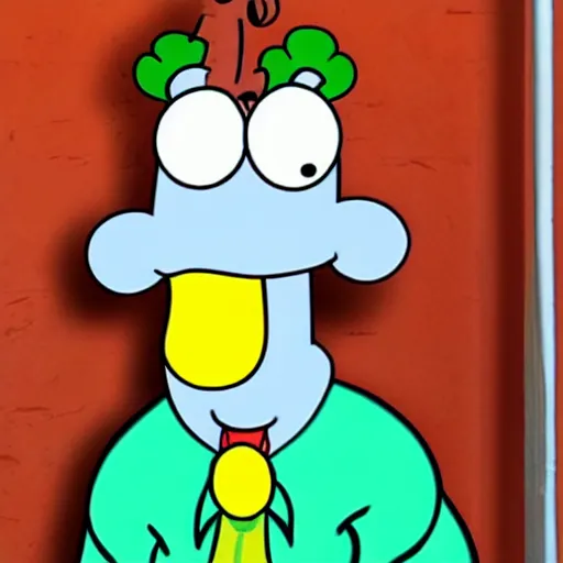 Image similar to handsome squidward, cow and chicken style