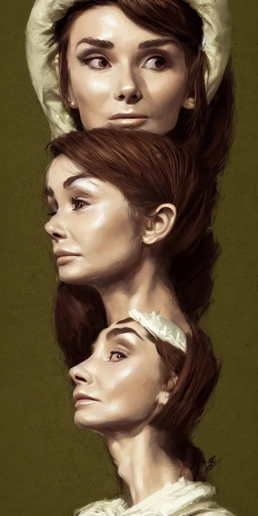 Image similar to a beautiful woman, beauty, looks like Audrey Hepburn, bard, brown hair, messy hairstyle, bangs, cream colored peasant shirt, brown pants, leather boots, dark green cloak, round hood, elf ears, youthful, white background, proportionate, by Greg Rutkowski and Tony Sart, trending on artstation, realistic, highly detailed, masterpiece