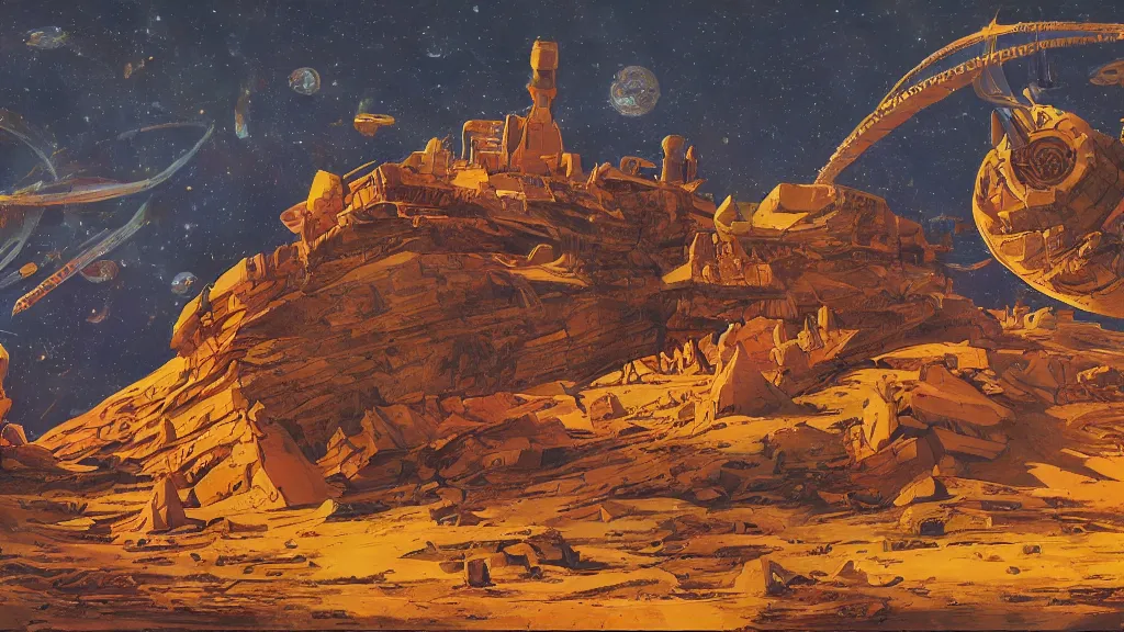 Image similar to artwork in the style of finnian macmanus and in the style of chesley bonestell.