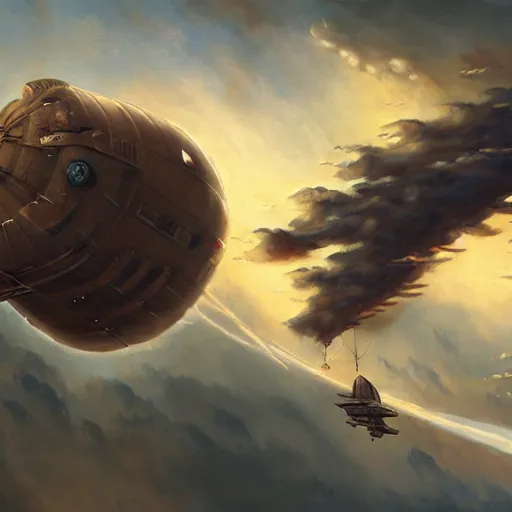 Image similar to a painting of a large steampunk airship fighting another airship in the sky, by charlie bowater, 4 k