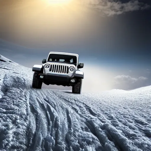 Image similar to white jeep wrangler driving on top of snowy mountain cornice, high quality digital art, dramatic lighting, cinematic, photo realism