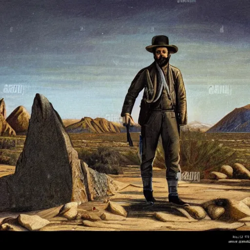 Prompt: 19th century scruffy american trapper, standing next to desert oasis, standing atop boulder overlooking expanse, sphinx in the' distance, pulp science fiction illustration