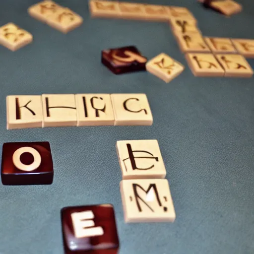 Image similar to eldritch scrabble being played with letters that spill off of the tiles