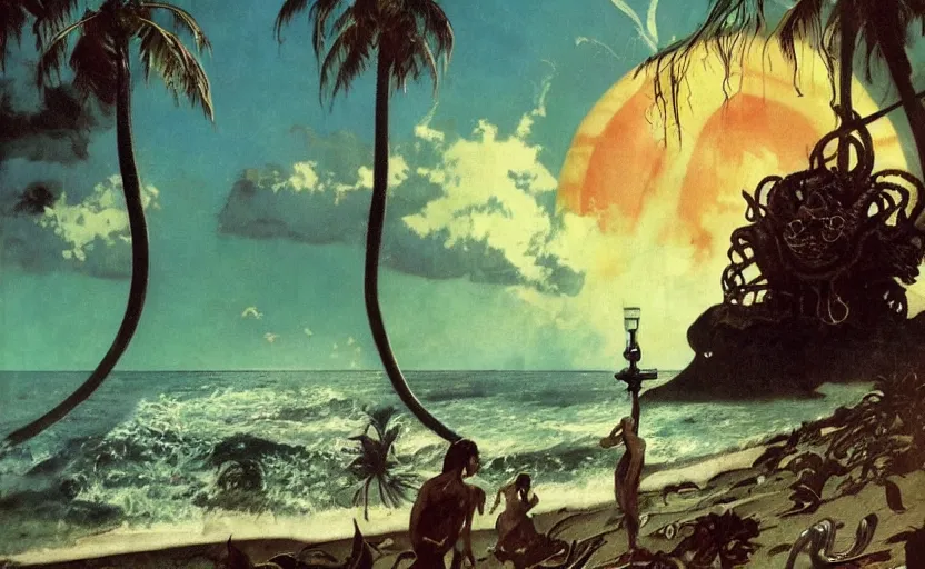 Image similar to cthulhu rising from the ocean by a tropical beach with palm trees. lovecraftian horror. highly detailed science fiction painting by norman rockwell, frank frazetta, and syd mead. rich colors, high contrast, gloomy atmosphere, dark background. trending on artstation