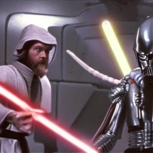 Image similar to obi wan kenobi fighting a xenomorph alien with his lightsaber in star wars a new hope 1 9 7 7