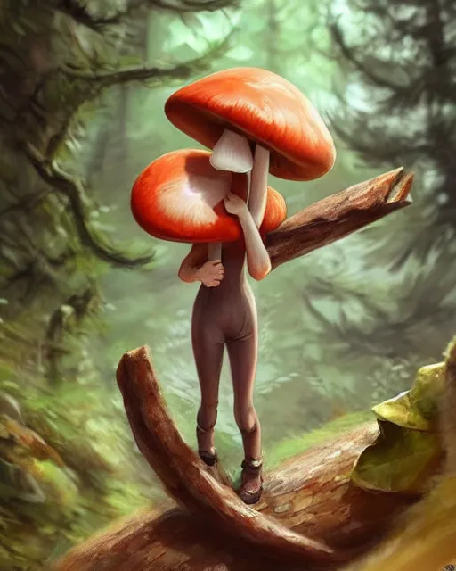 Image similar to concept art of a mushroom creature, wearing tight clothes made of rocks, standing on a log in a forest | | cute - fine - fine details by stanley artgerm lau, wlop, rossdraws, and sakimichan, trending on artstation, brush strokes