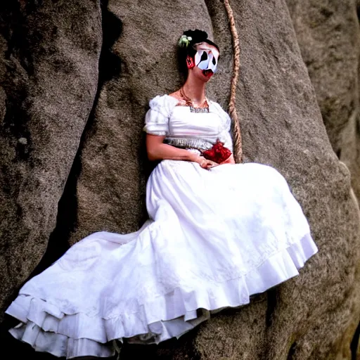 Image similar to Ultra realistic close-up of Frida Kahlo in a wedding dress rock climbing, hd