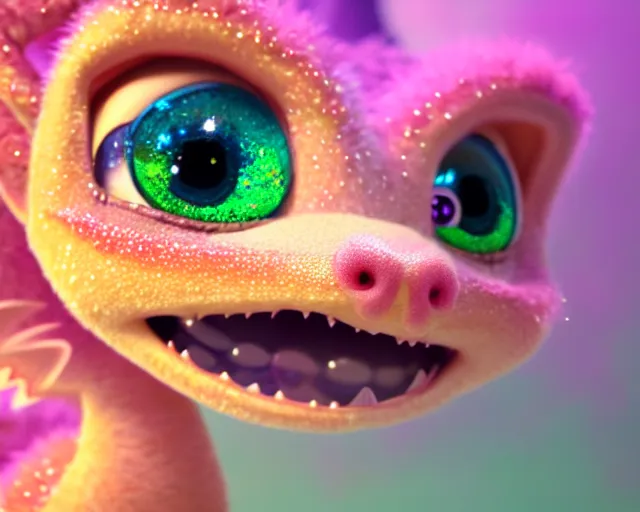 Image similar to character design of a cute baby dragon, big eyes, soft scale texture, pastel colours, colorful, shiny glitter crystals, cute, adorable, pixar animation style, detailed, soft light, octane render, cute, 4 k,