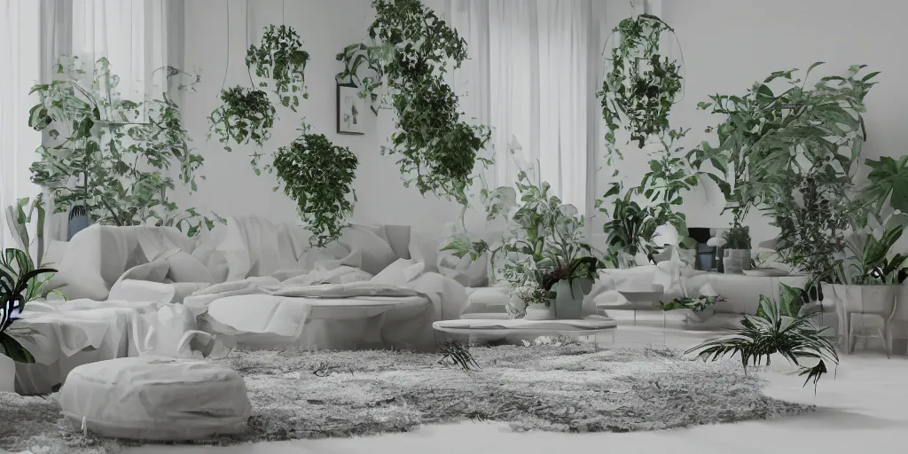 Prompt: a modern indoor room, clean architecture, pastel colored, baroque, a couch, a couch table, some fresh plants, full of insanely detailed spiderweb, daylight, peaceful, 8 k, octane render