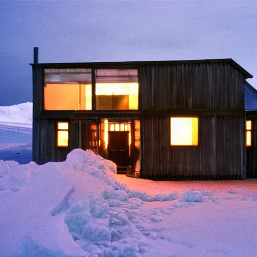 Image similar to an 8 0 s era house in antarctica at night