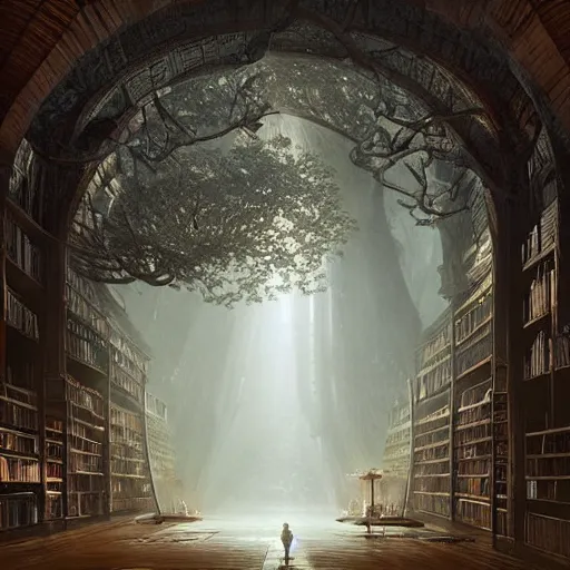 Prompt: a beautiful giant tree growing in the middle of an ancient vast Victorian library indoors. an archway embedded in a library tree. fantasy digital art, fantasy style art, fantasy hearthstone art style, fantasy game art by greg rutkowski, darksouls concept art