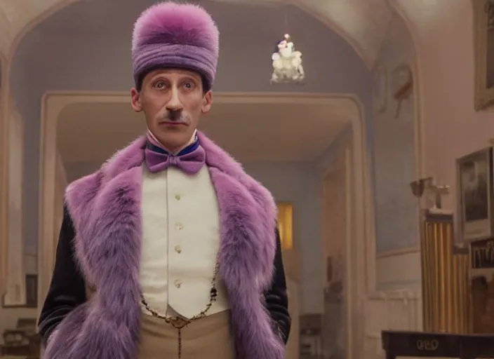 Image similar to a film still of a pompous ostrich in the grand budapest hotel ( 2 0 1 4 ) )