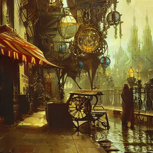 Prompt: painting of syd mead artlilery scifi fish tank with ornate metal work lands on a sidewalk, filigree ornaments, volumetric lights, andreas achenbach