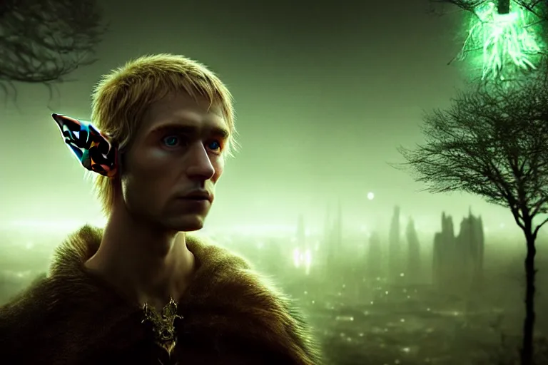 Image similar to an ultra realistic, cinematic, fantasy, headshot portrait, of an elden ring elf, fairy lights, facial features, background of a vast dystopian cityscape, with trees and neon lights, detailed, deep focus, movie still, dramatic lighting, ray tracing, by michal karcz and yoshitaka amano