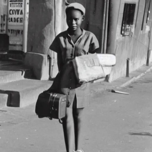 Image similar to of a young 2 1 year old white girl on the main street in bulawayo with a suitcase in 1 9 6 0 black and white photograph