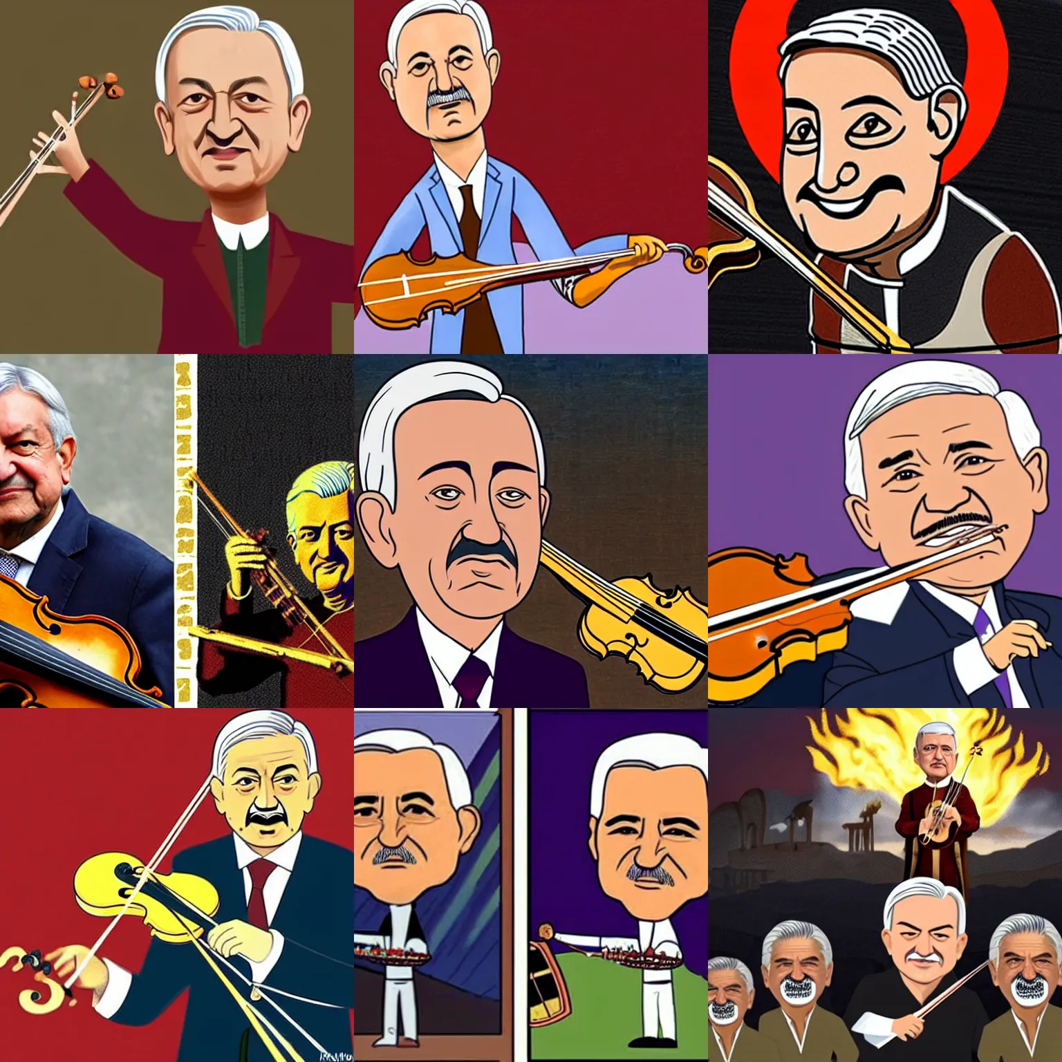 Prompt: a cartoon andres manuel lopez obrador with no moustache, dressed as a roman emperor, playing the violin as mexico burns in the background