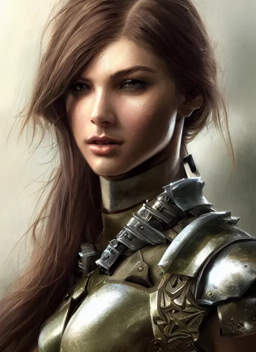 Image similar to a professional portrait of an attractive young girl, partially clothed in battle armor, olive skin, long dark hair, beautiful bone structure, symmetrical facial features, intricate, elegant, digital painting, concept art, smooth, sharp focus, finely detailed illustration, beautifully framed, from Metal Gear, in the style of Artgerm and Greg Rutkowski and William-Adolphe Bouguerea