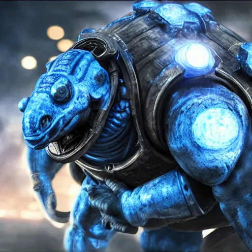 Image similar to Blastoise as Blastoise with watercannon shoulders in gears of war, splash art, movie still, detailed face, photorealistic facial features, cinematic lighting, dramatic, octane render, long lens, shallow depth of field, bokeh, anamorphic lens flare, 8k, hyper detailed, 35mm film grain